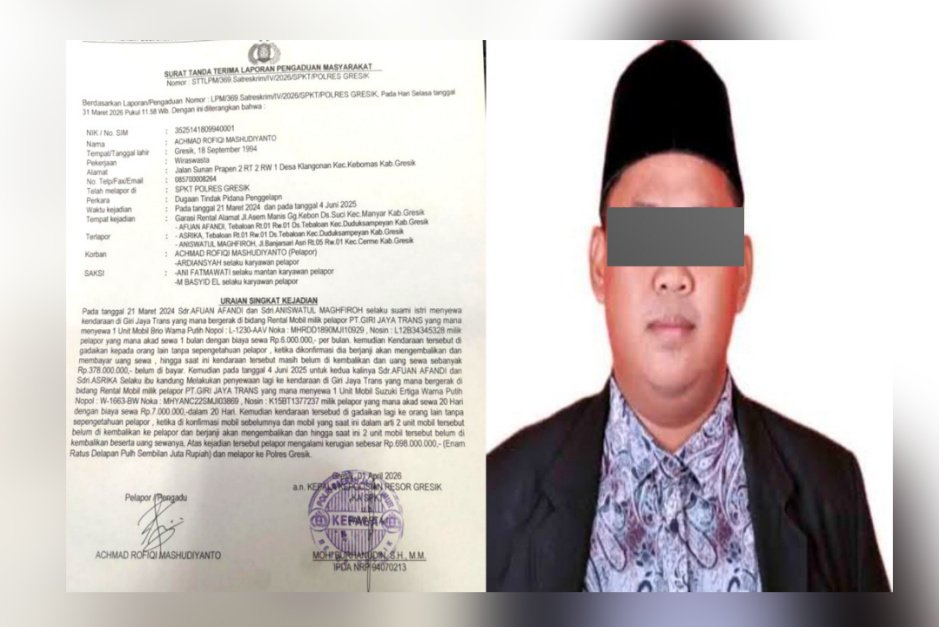 GRESIK GEMPAR !!! : Diduga Gelapkan Mobil Rental Rp698 Juta, Kepala Desa Tebaloan Gresik Afuan Afandi Dilaporkan ke Polisi